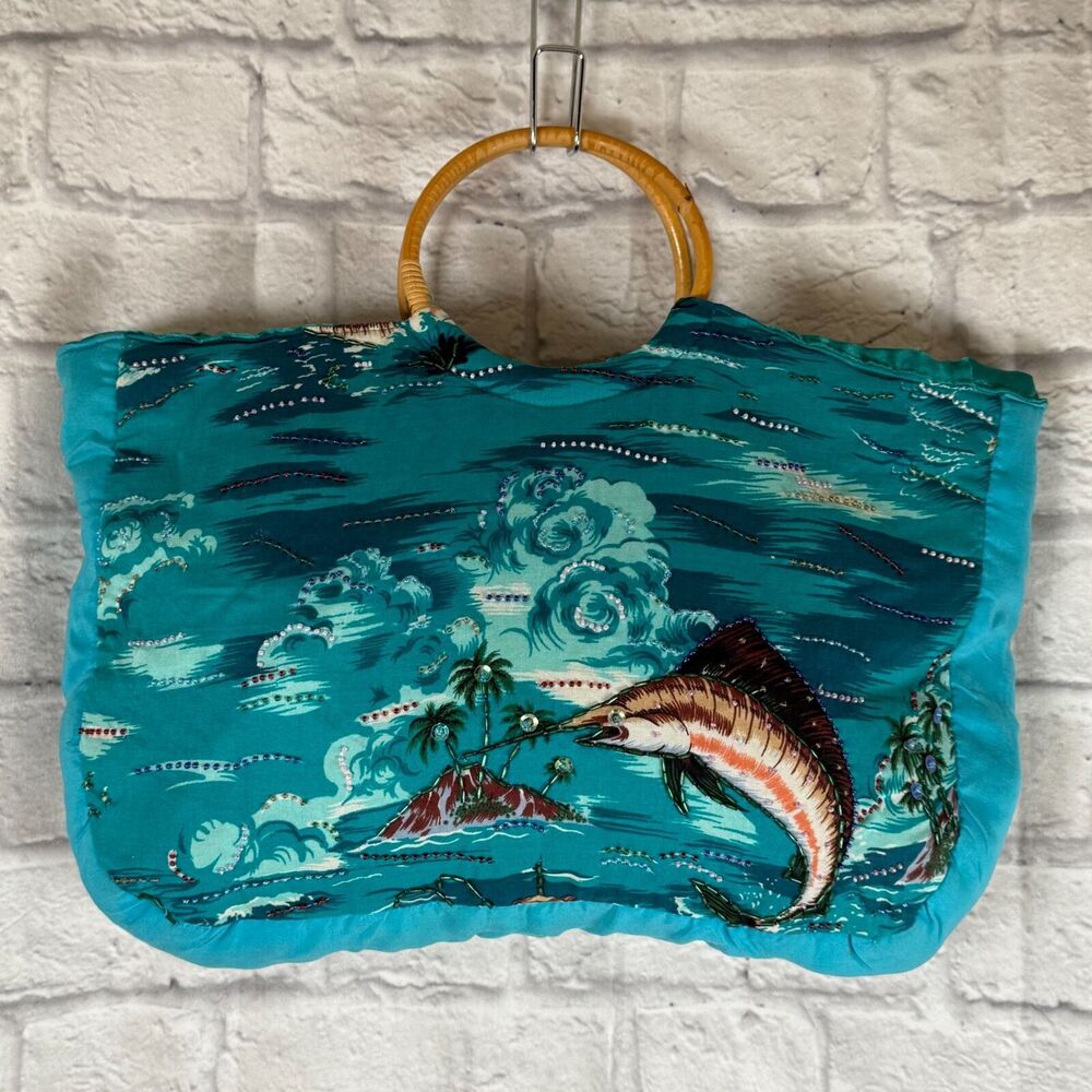 VTG Marlin Tropical Hawaiian Beaded Tote Handbag Purse Swordfish Bamboo Handles